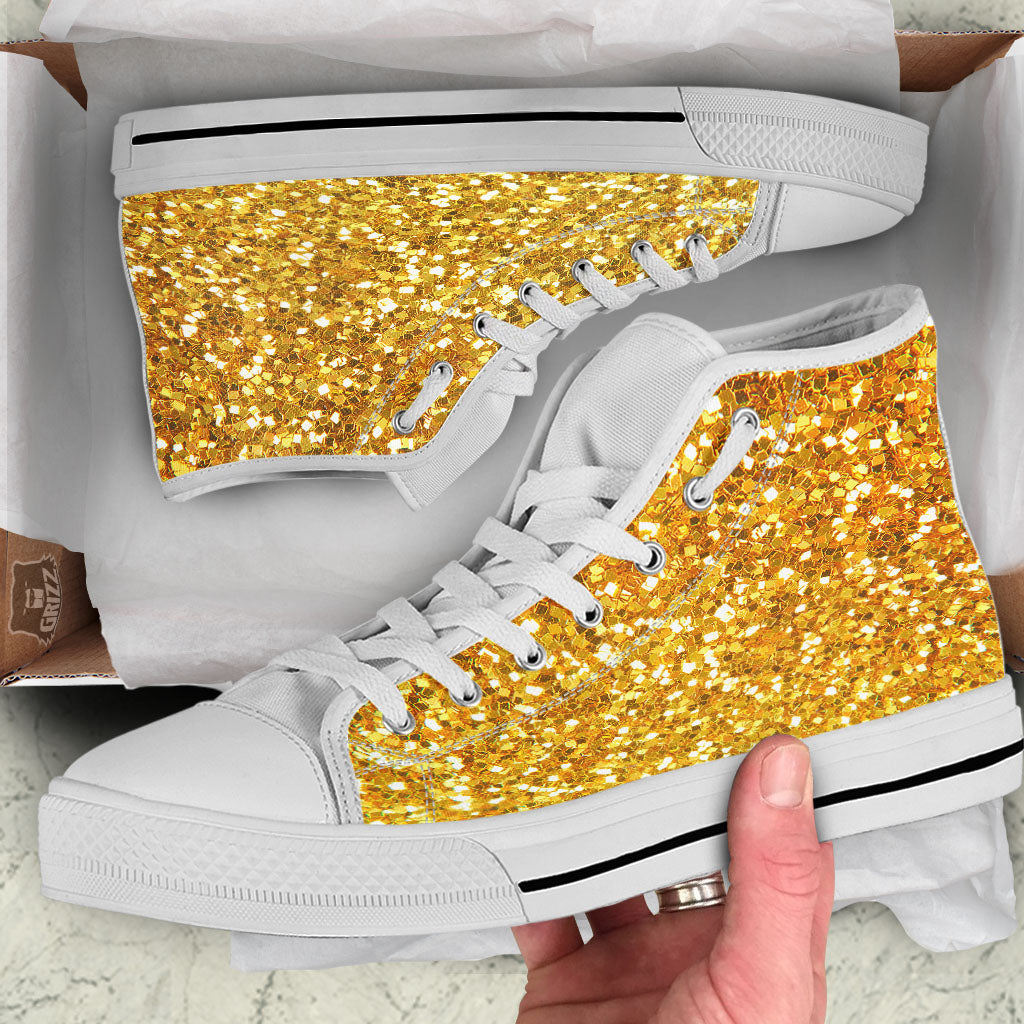 Artwork Glitter Gold Print White High Top Shoes-grizzshop
