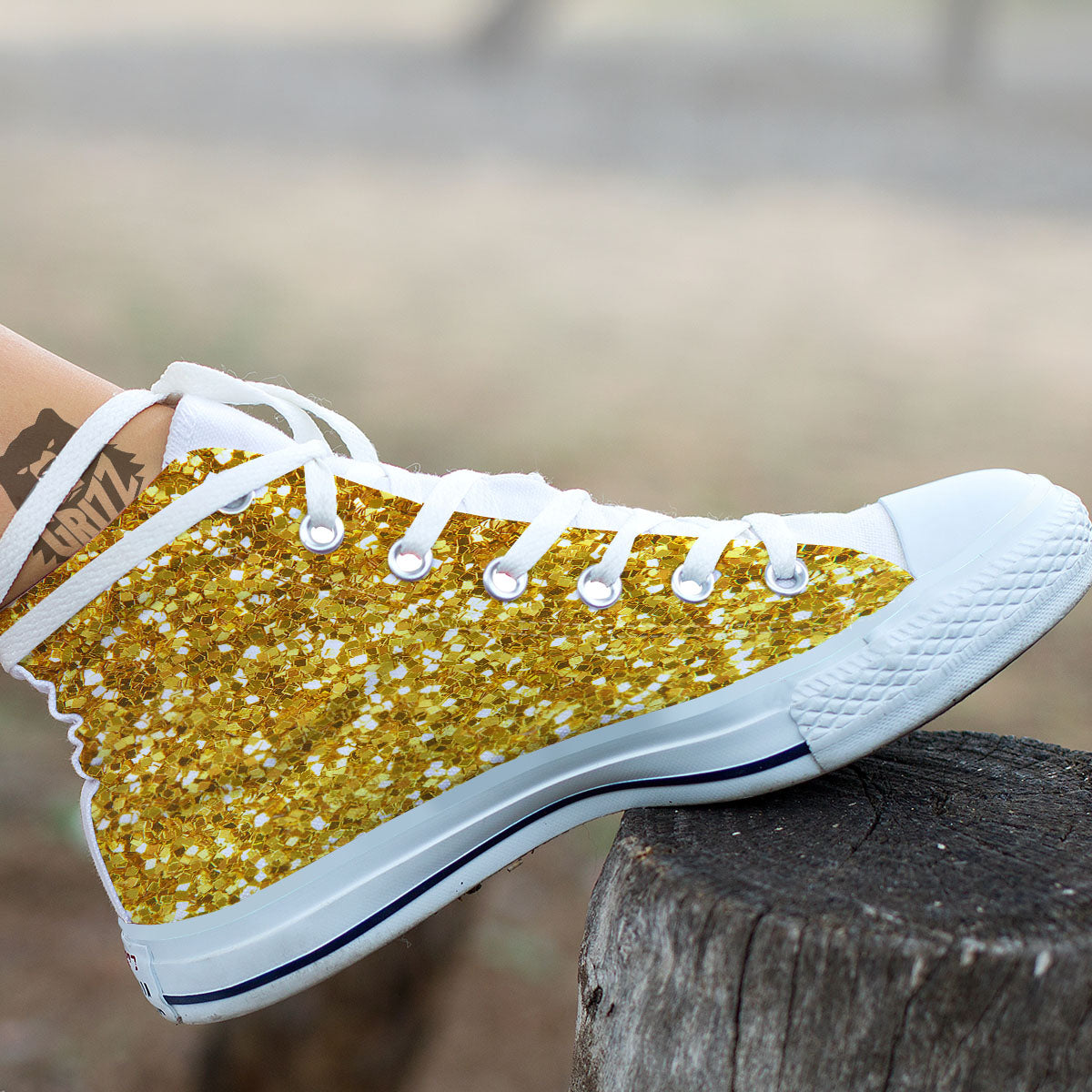 Artwork Glitter Gold Print White High Top Shoes-grizzshop