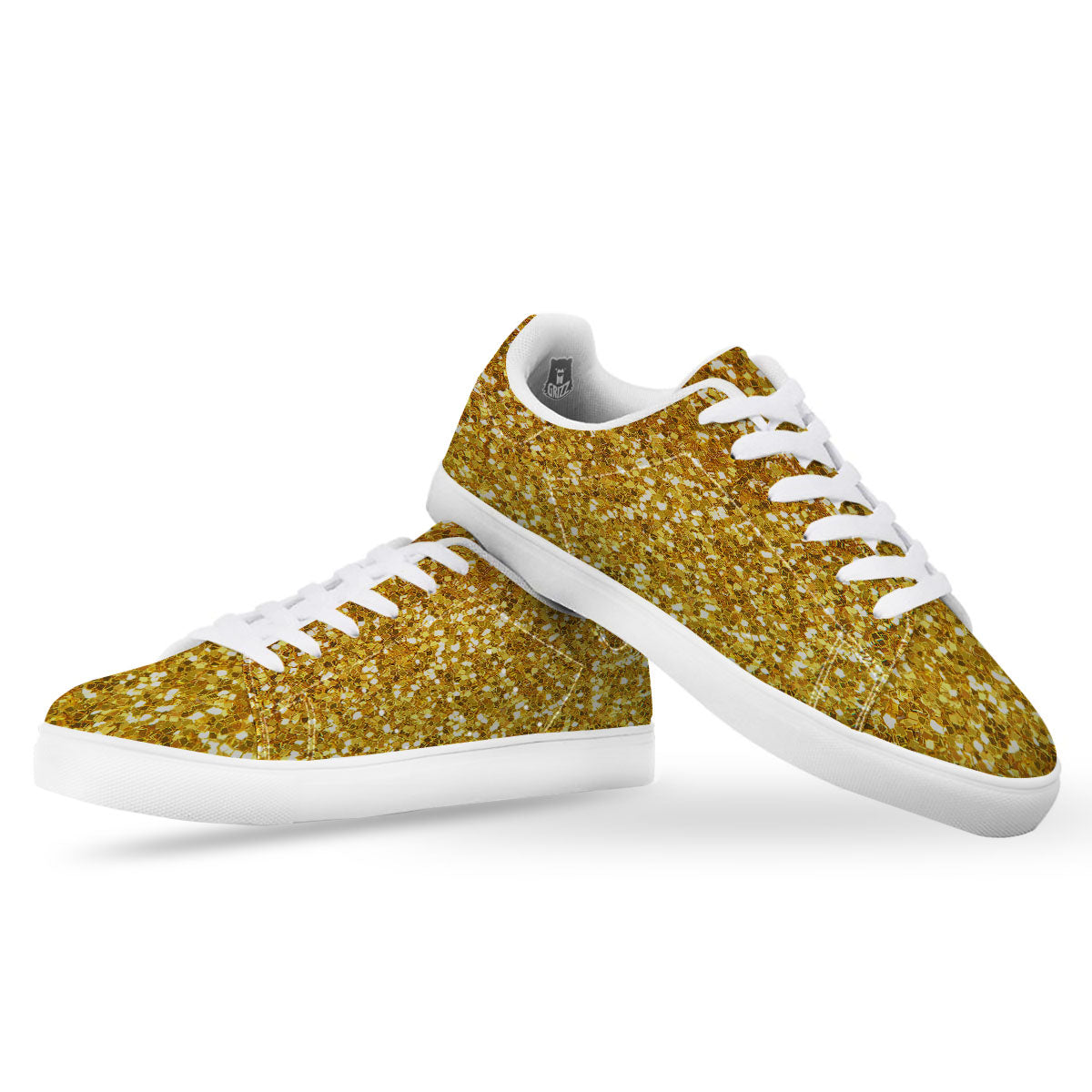 Artwork Glitter Gold Print White Low Top Sneakers-grizzshop