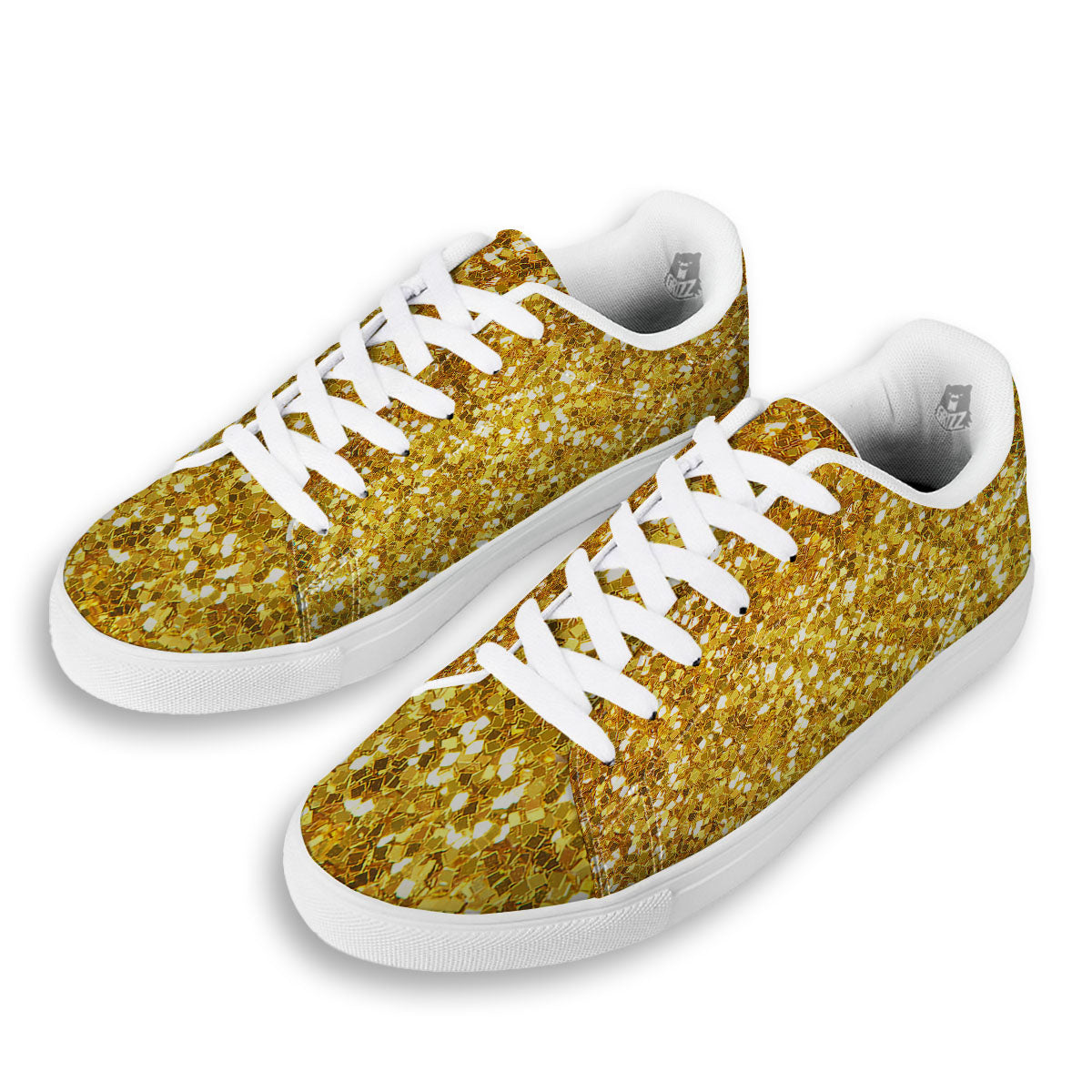 Artwork Glitter Gold Print White Low Top Sneakers-grizzshop