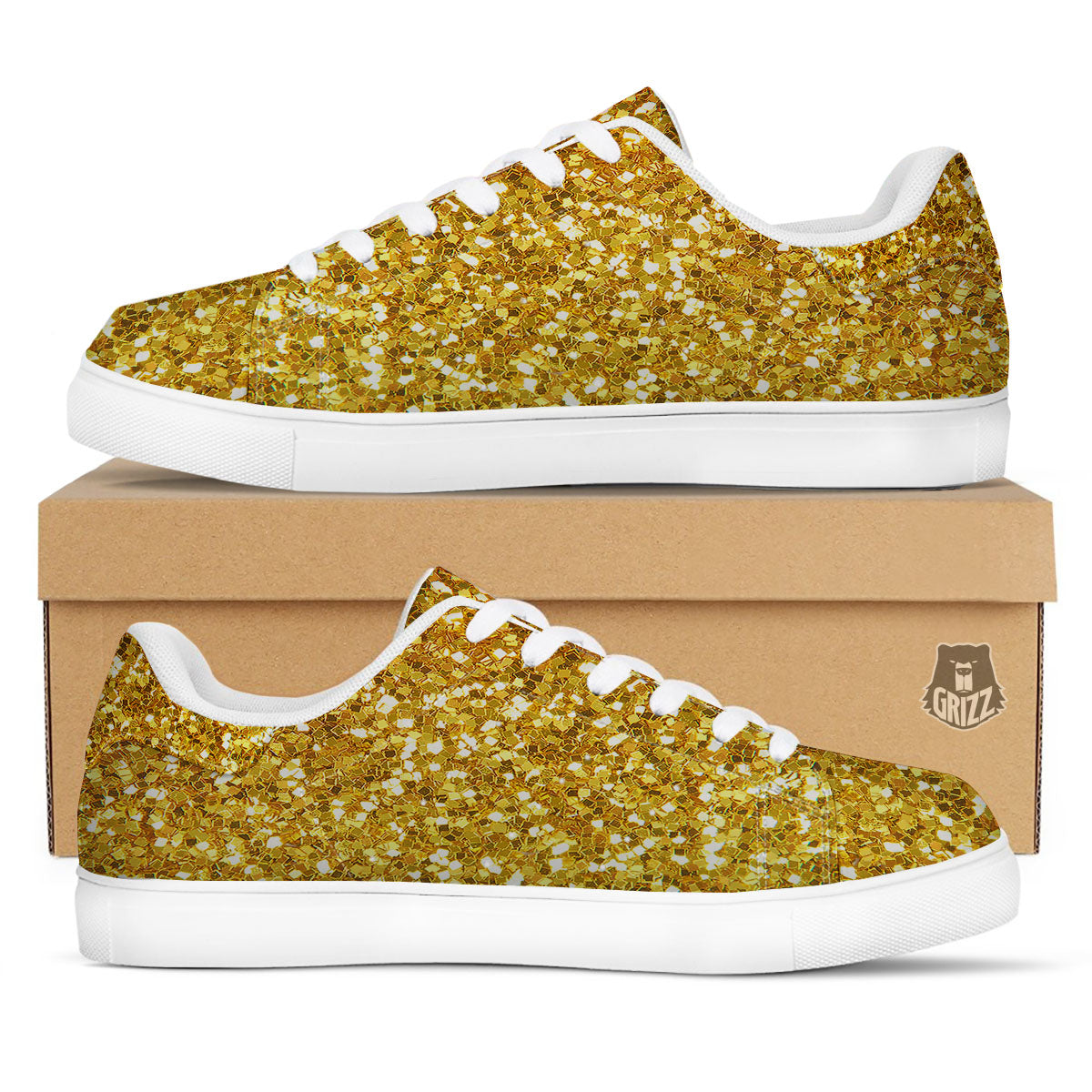 Artwork Glitter Gold Print White Low Top Sneakers-grizzshop