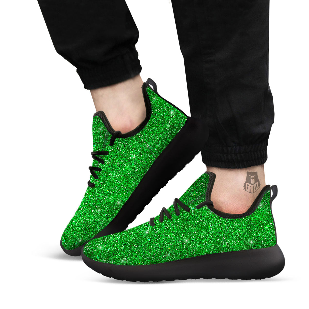 Artwork Glitter Green Print Black Athletic Shoes-grizzshop