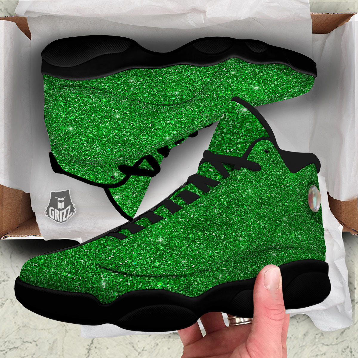 Artwork Glitter Green Print Black Basketball Shoes-grizzshop