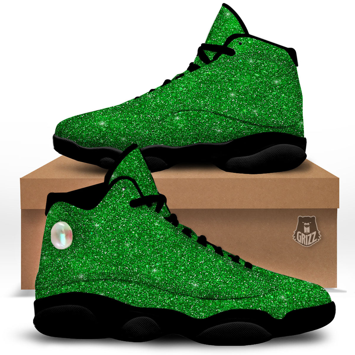 Artwork Glitter Green Print Black Basketball Shoes-grizzshop