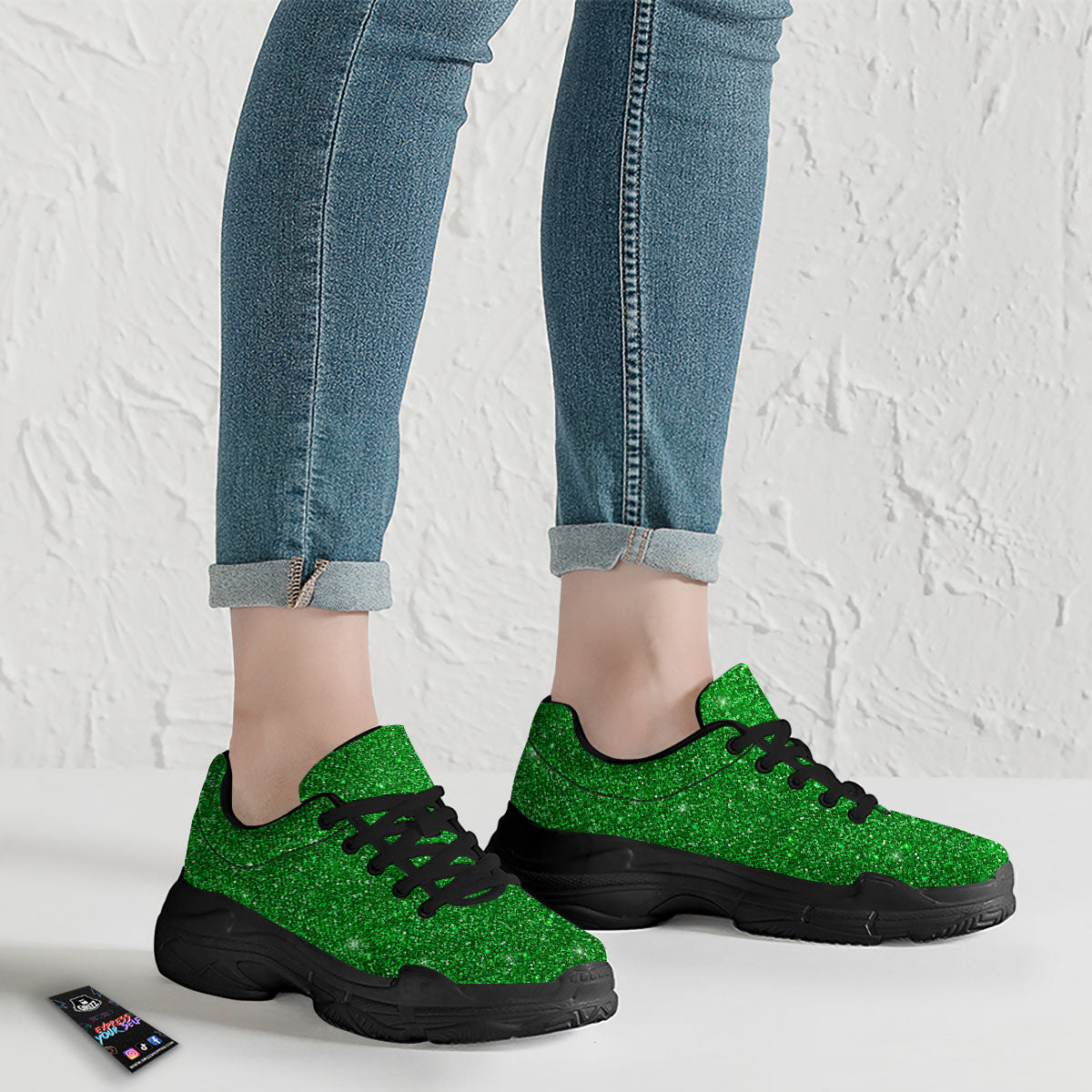 Artwork Glitter Green Print Black Chunky Shoes-grizzshop