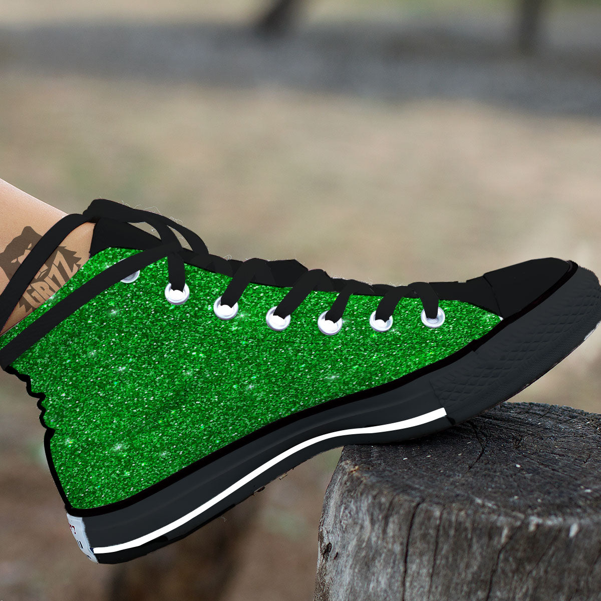 Artwork Glitter Green Print Black High Top Shoes-grizzshop