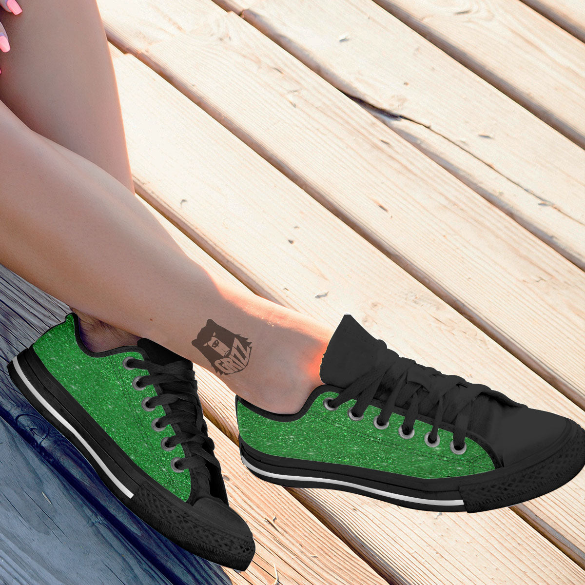 Artwork Glitter Green Print Black Low Top Shoes-grizzshop