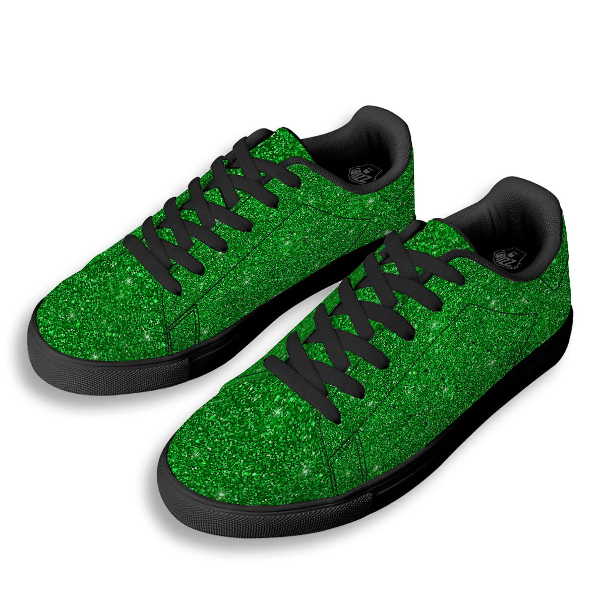 Artwork Glitter Green Print Black Low Top Sneakers-grizzshop