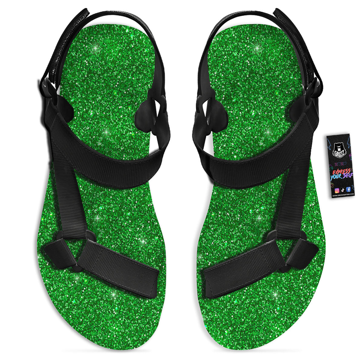 Artwork Glitter Green Print Black Open Toe Sandals-grizzshop