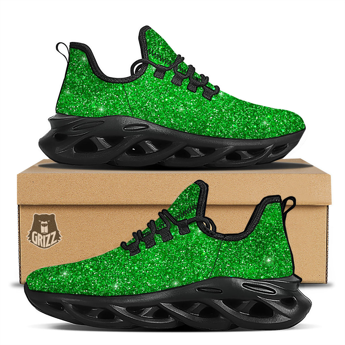 Artwork Glitter Green Print Black Running Shoes-grizzshop