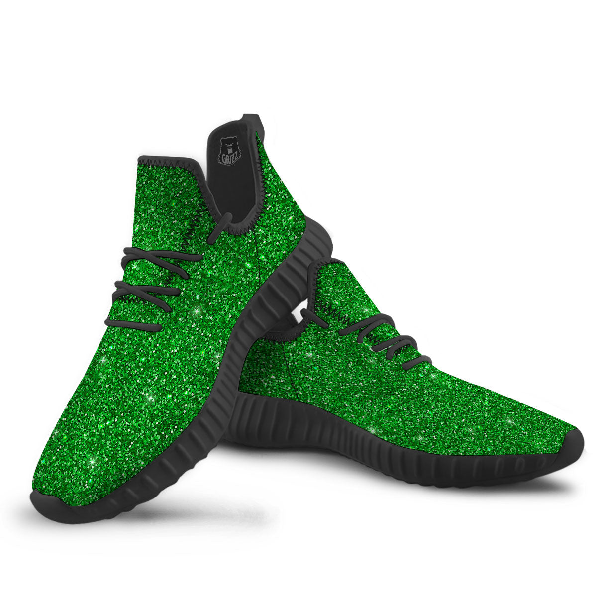 Artwork Glitter Green Print Black Walking Shoes-grizzshop