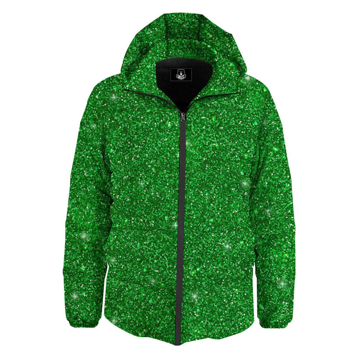 Artwork Glitter Green Print Down Jacket-grizzshop