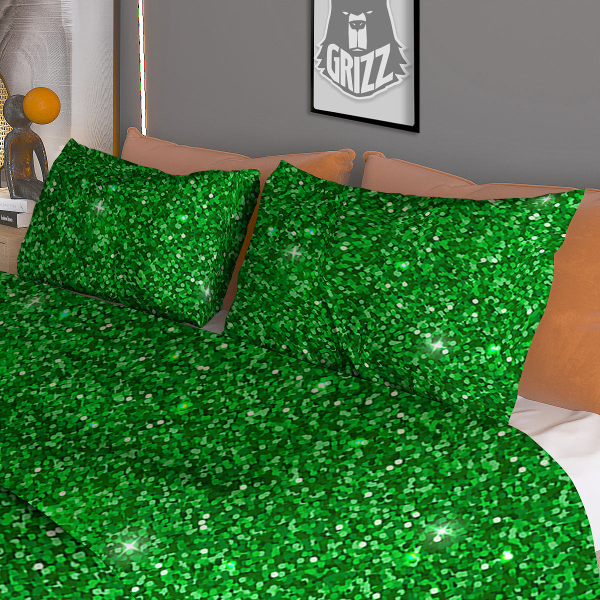 Artwork Glitter Green Print Duvet Cover Bedding Set
