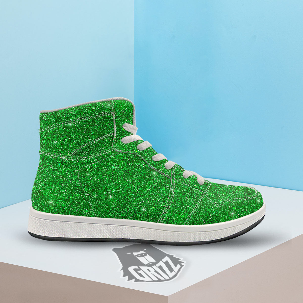 Artwork Glitter Green Print High Top Sneakers-grizzshop