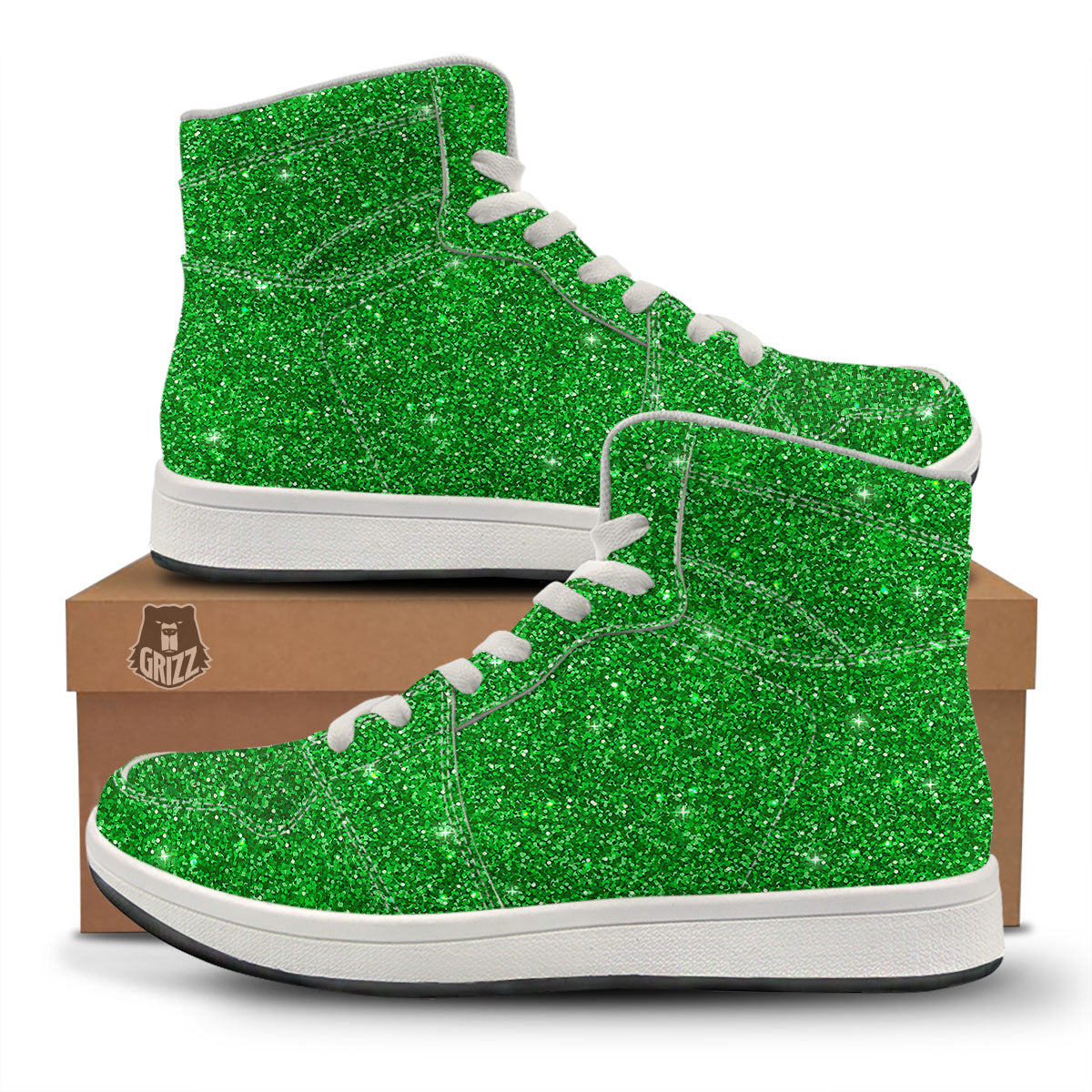 Artwork Glitter Green Print High Top Sneakers-grizzshop