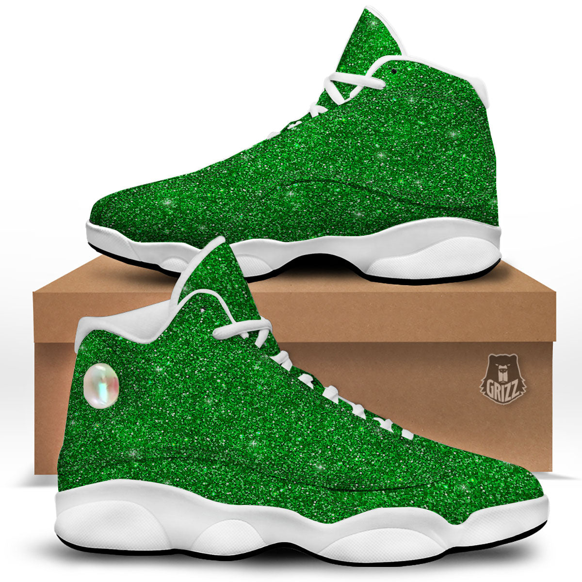 Artwork Glitter Green Print White Basketball Shoes-grizzshop
