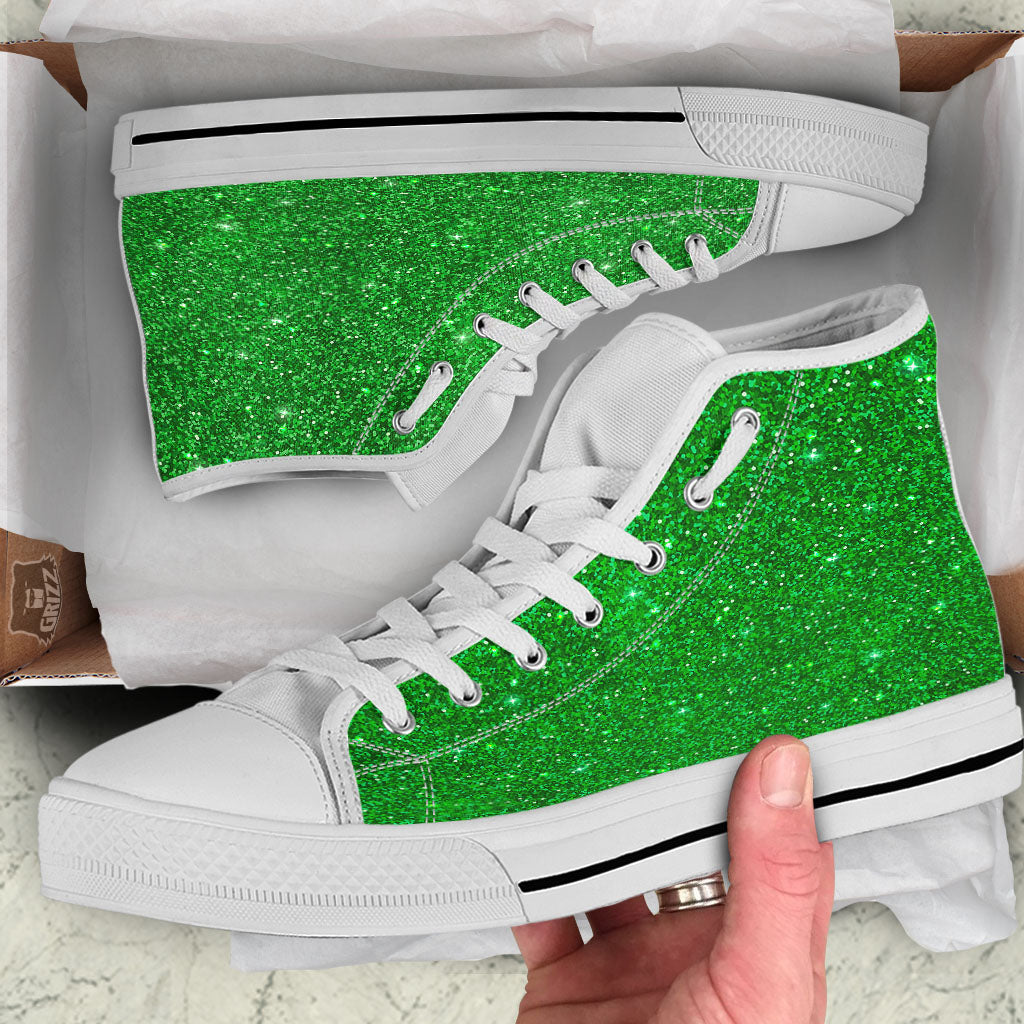 Artwork Glitter Green Print White High Top Shoes-grizzshop