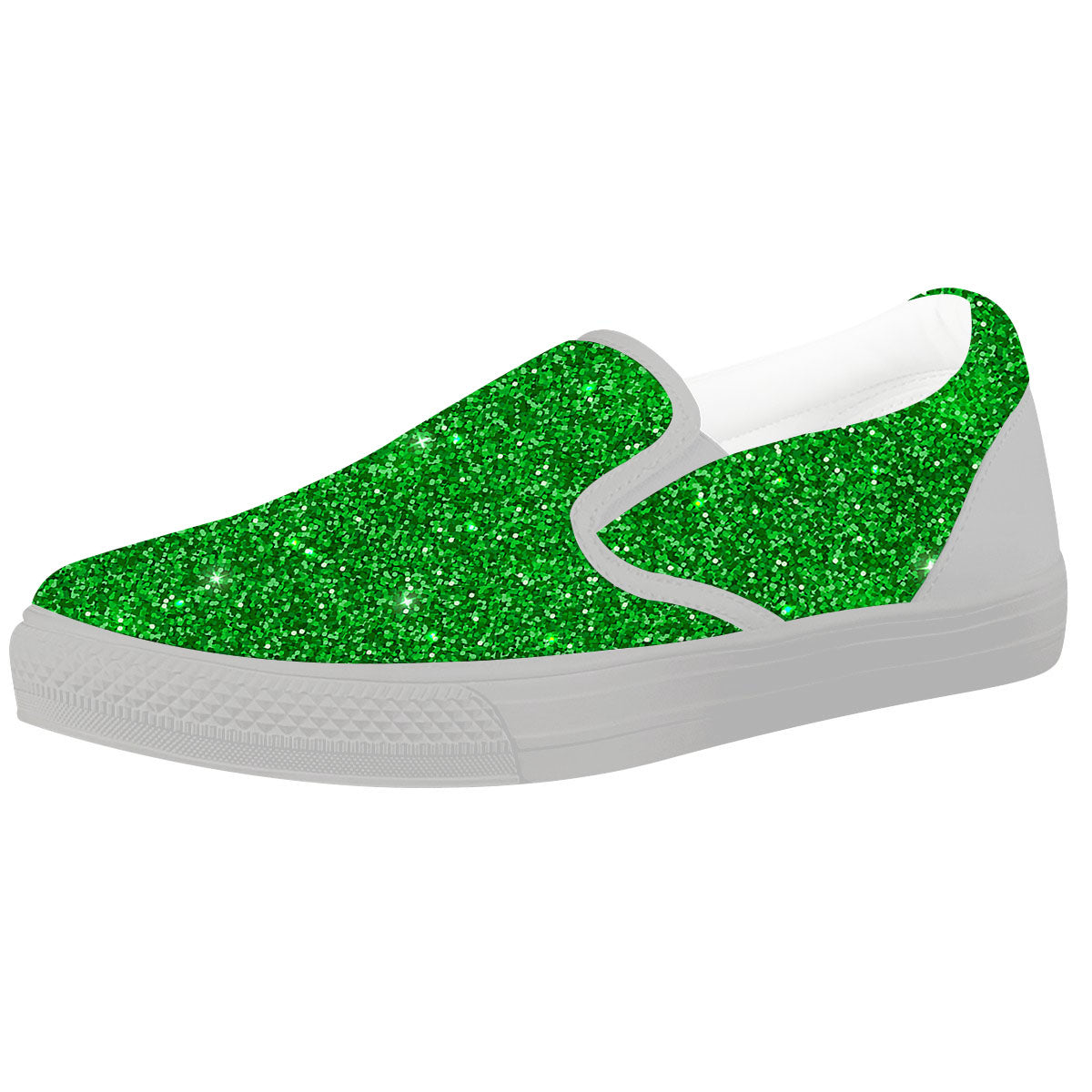Artwork Glitter Green Print White Slip On Shoes-grizzshop
