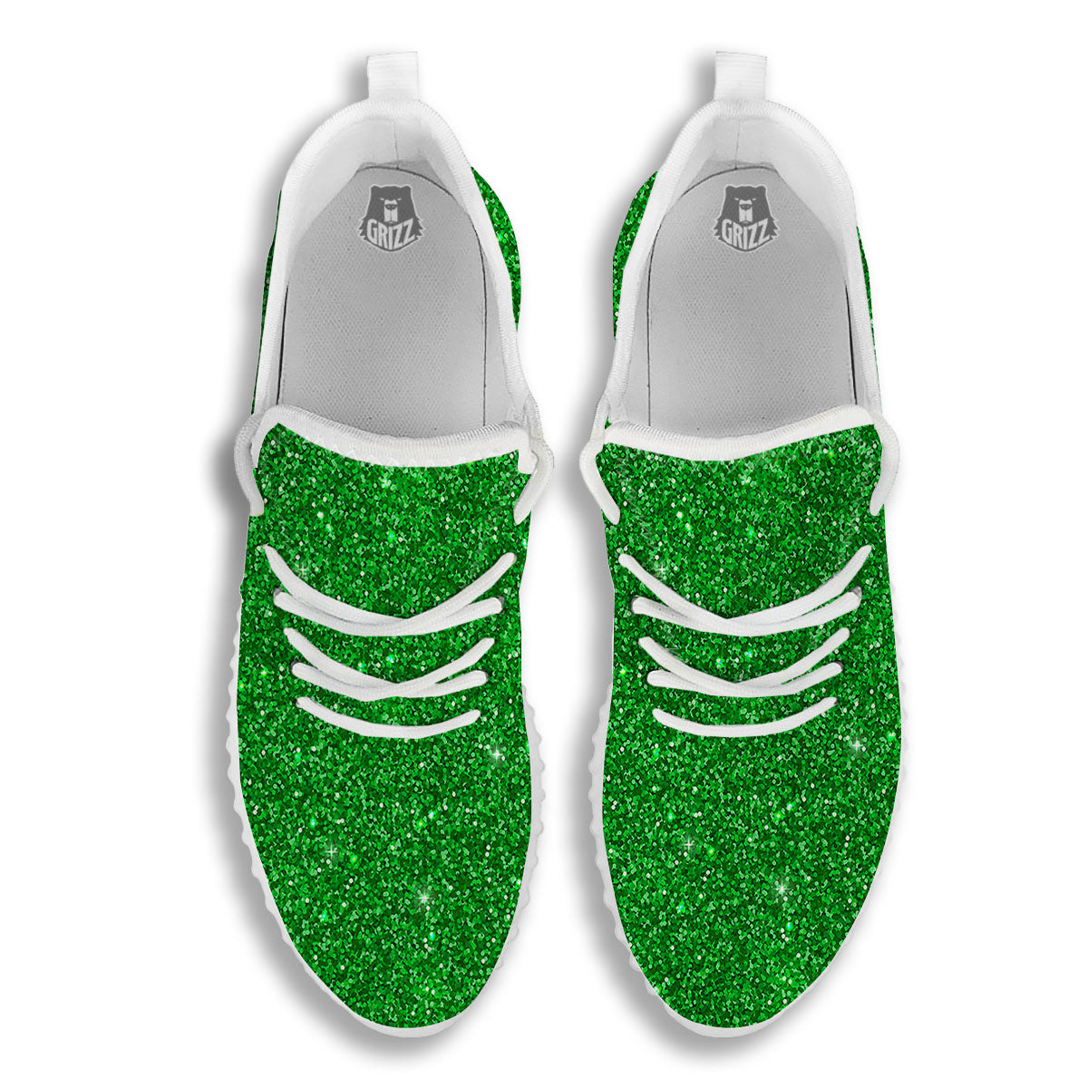 Artwork Glitter Green Print White Walking Shoes-grizzshop