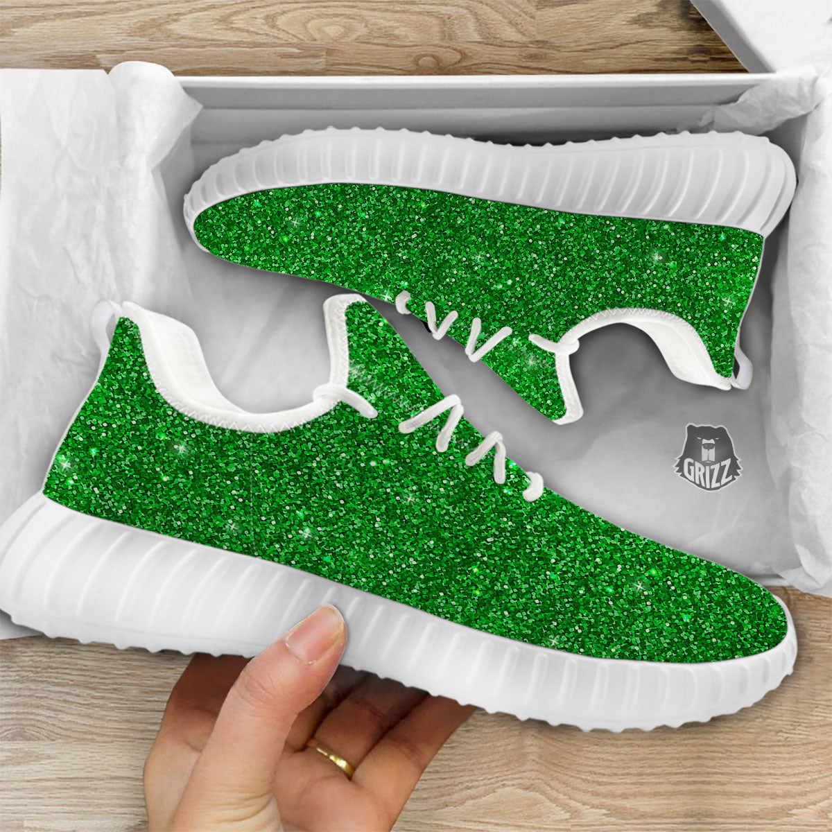 Artwork Glitter Green Print White Walking Shoes-grizzshop