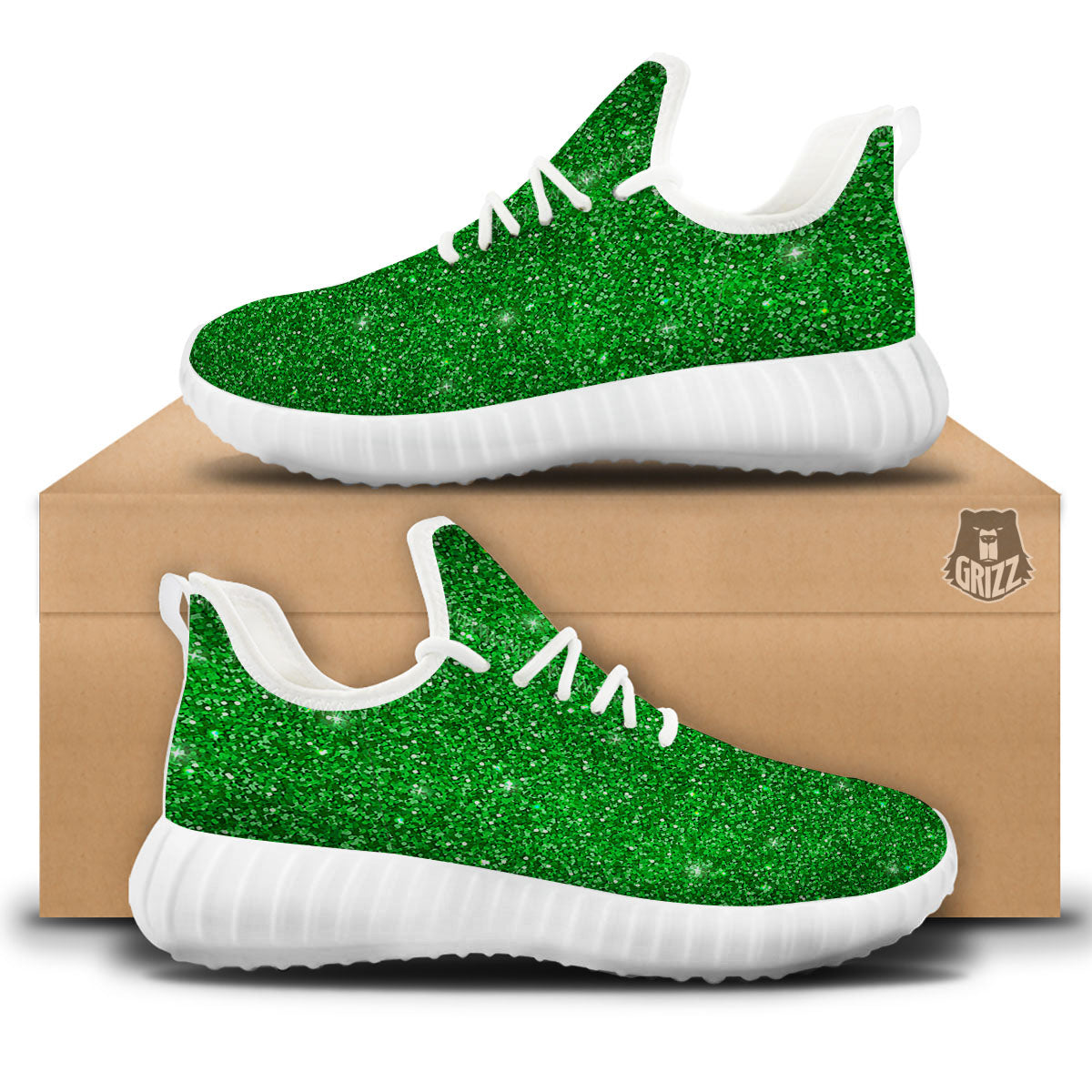 Artwork Glitter Green Print White Walking Shoes-grizzshop
