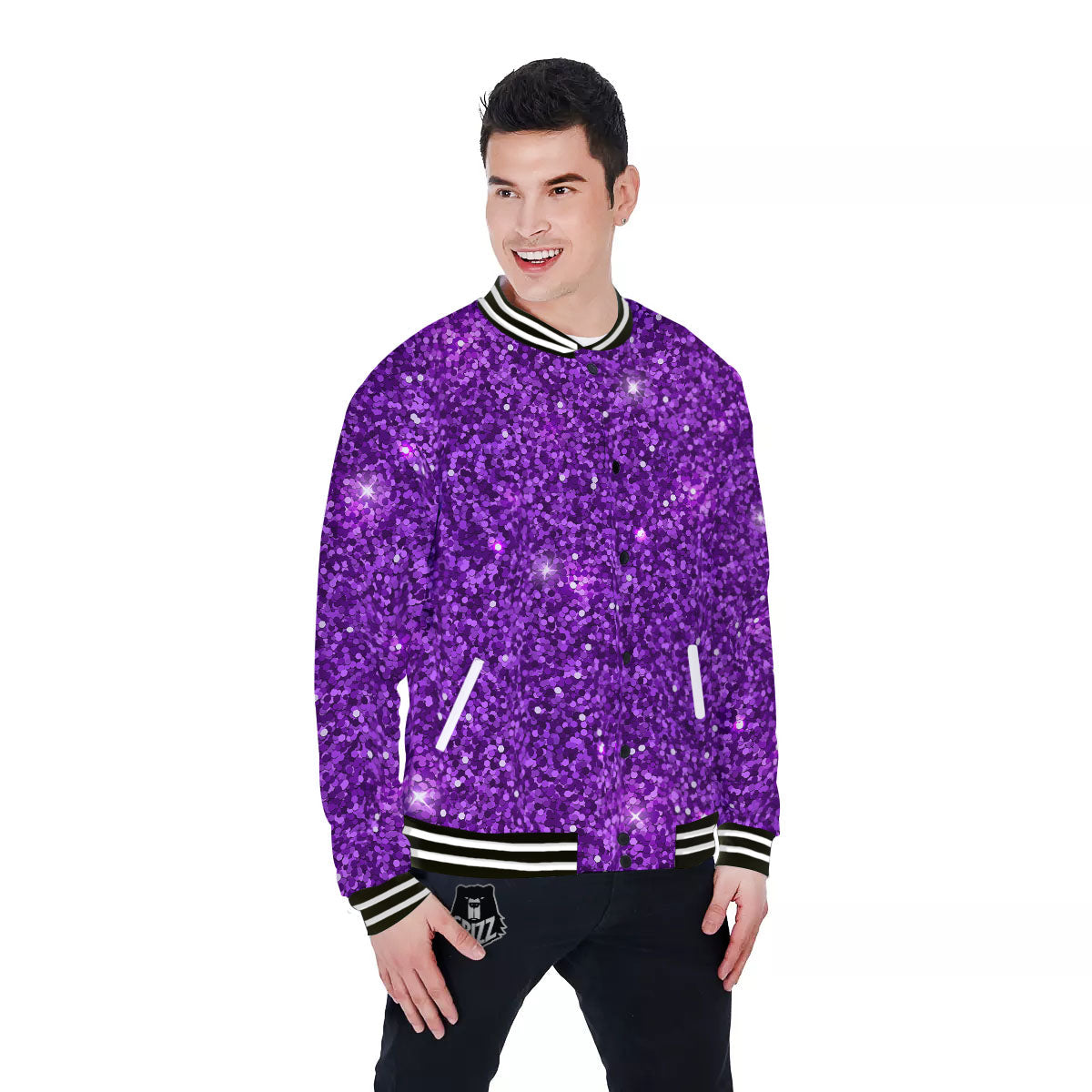 Artwork Glitter Purple Print Baseball Jacket-grizzshop