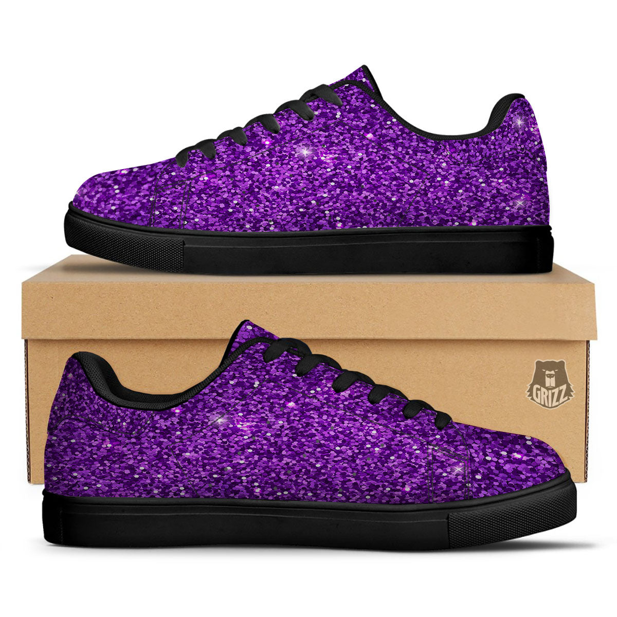 Artwork Glitter Purple Print Black Low Top Sneakers-grizzshop