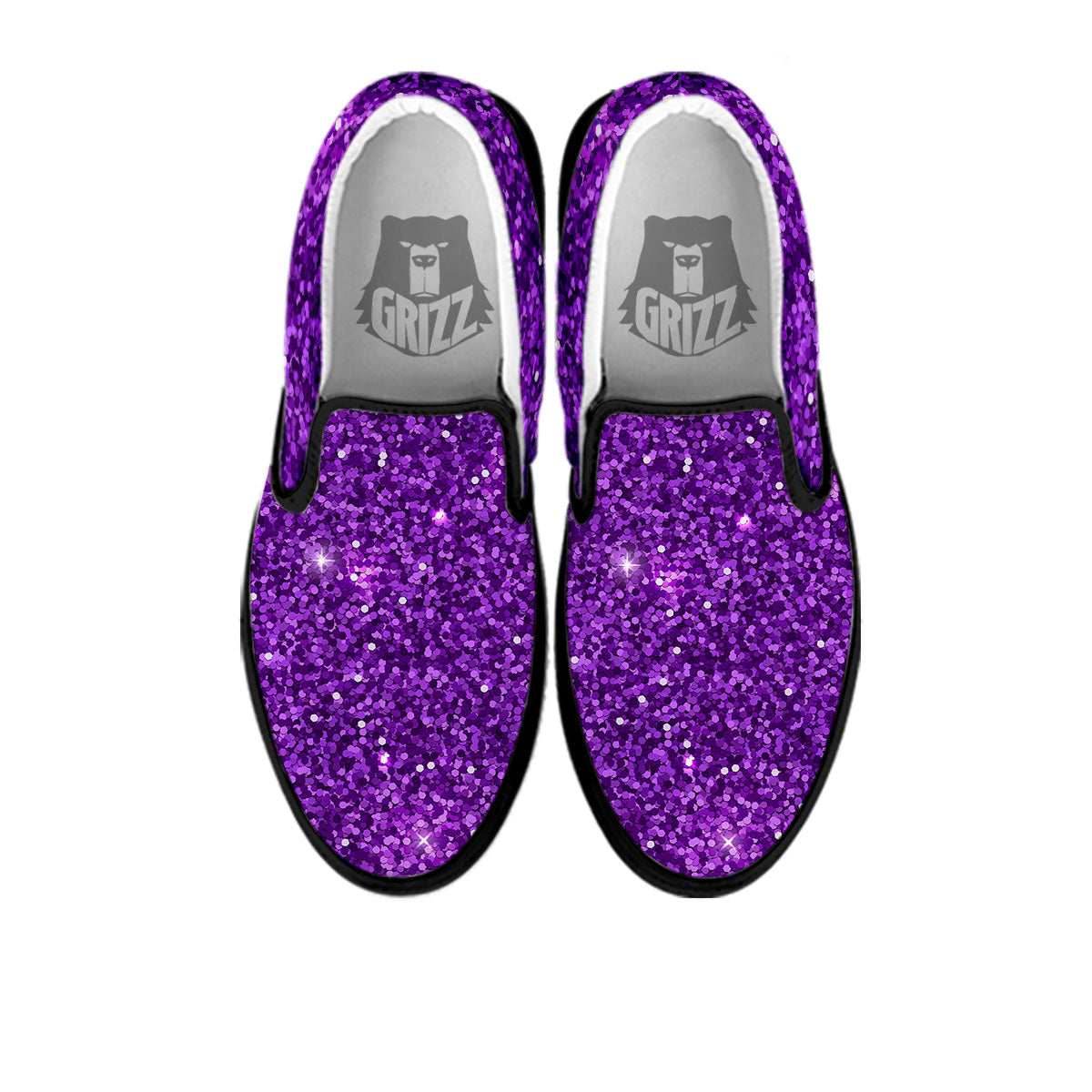 Artwork Glitter Purple Print Black Slip On Shoes-grizzshop