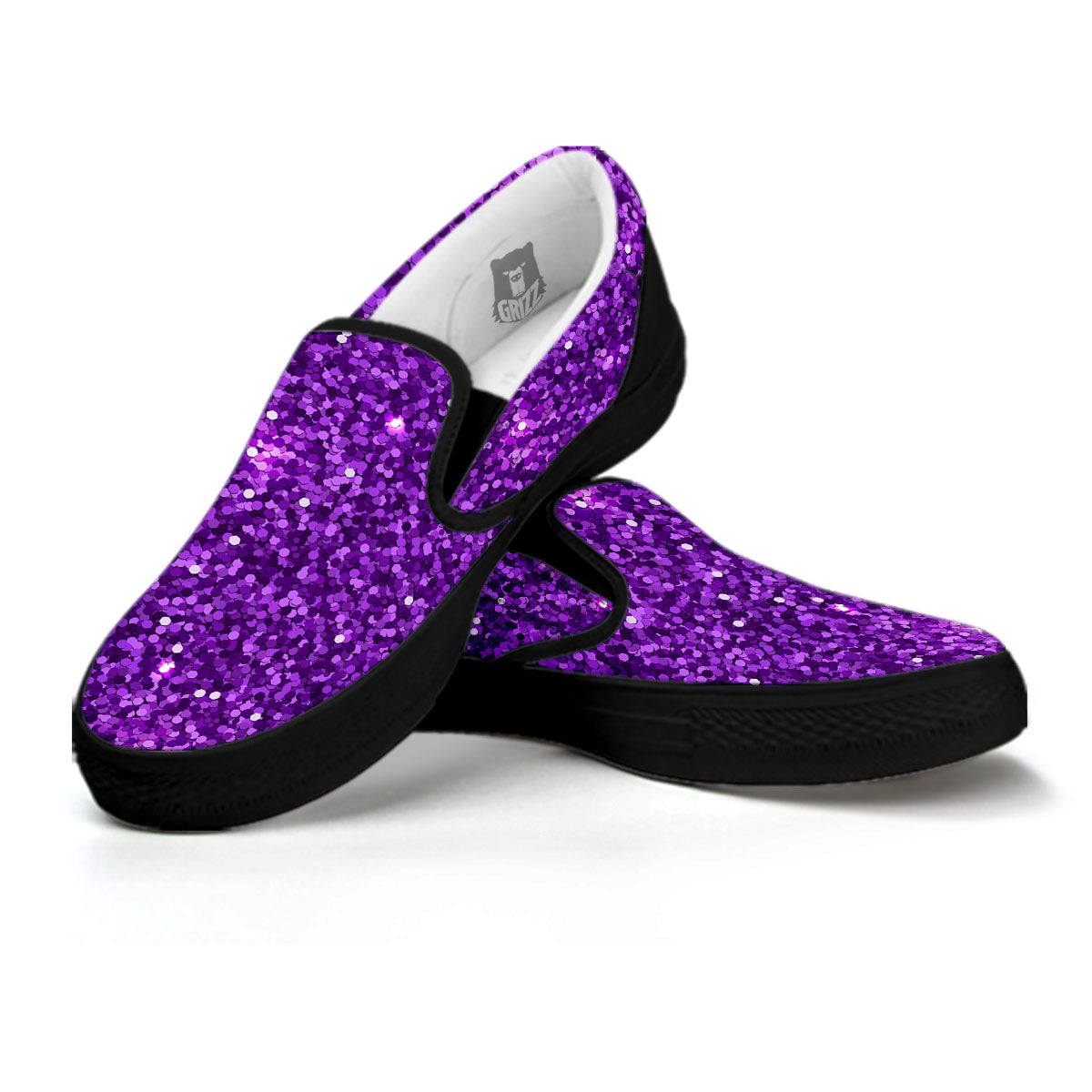 Artwork Glitter Purple Print Black Slip On Shoes-grizzshop