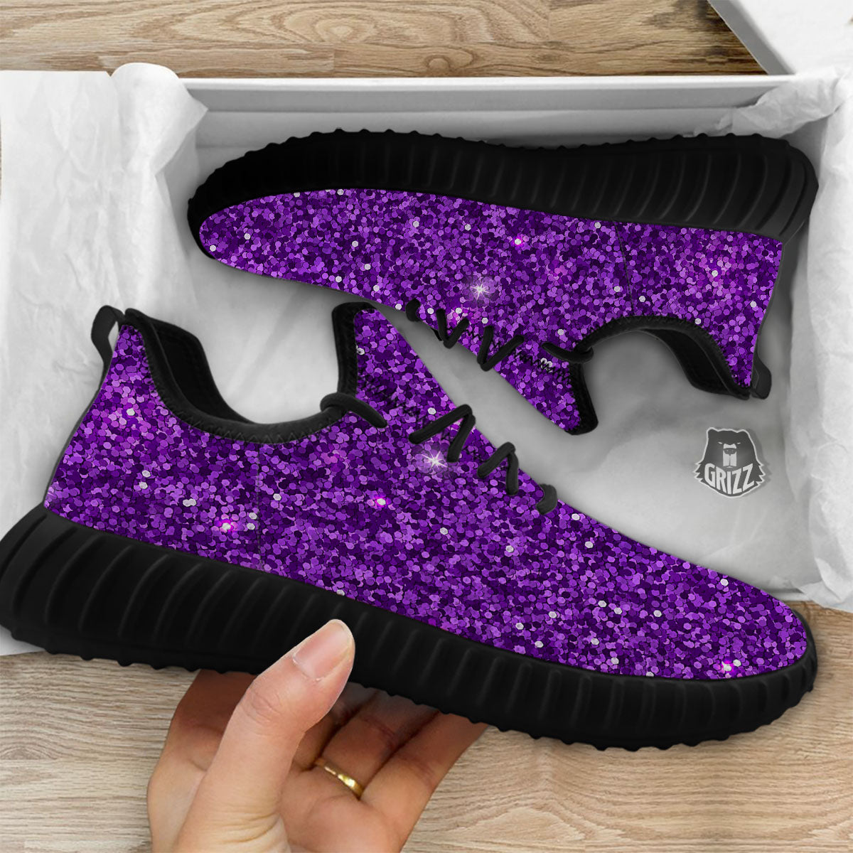 Artwork Glitter Purple Print Black Walking Shoes-grizzshop
