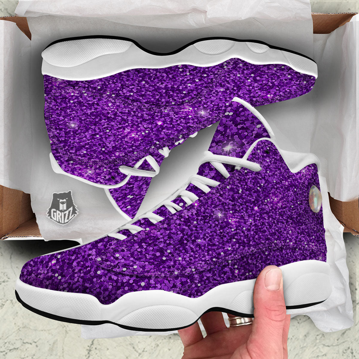 Artwork Glitter Purple Print White Basketball Shoes-grizzshop