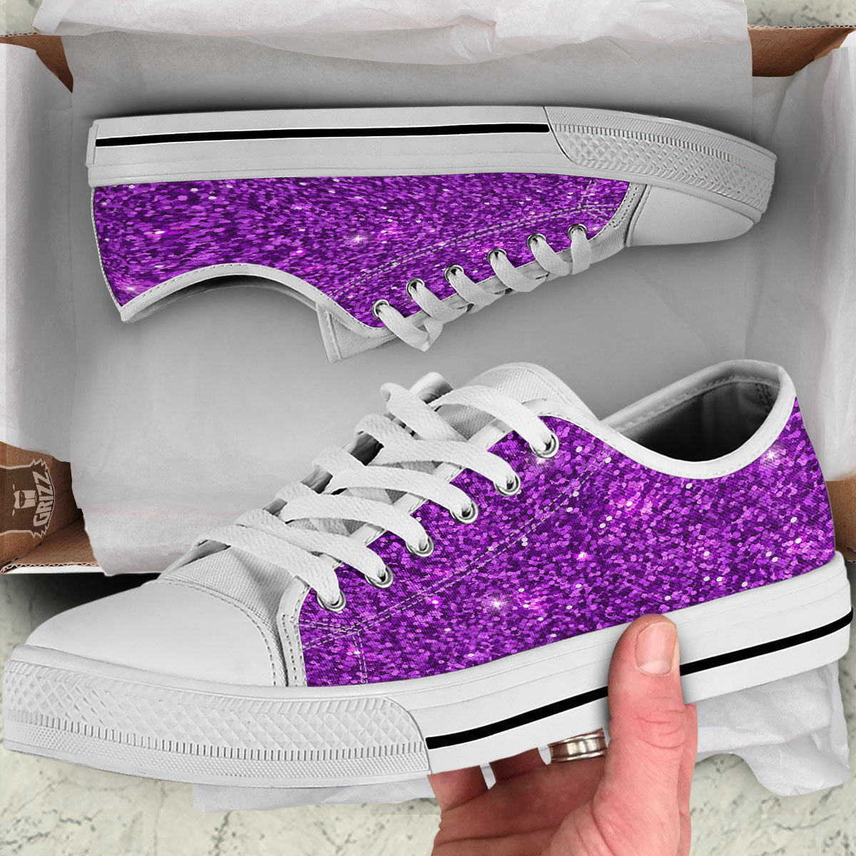 Artwork Glitter Purple Print White Low Top Shoes-grizzshop