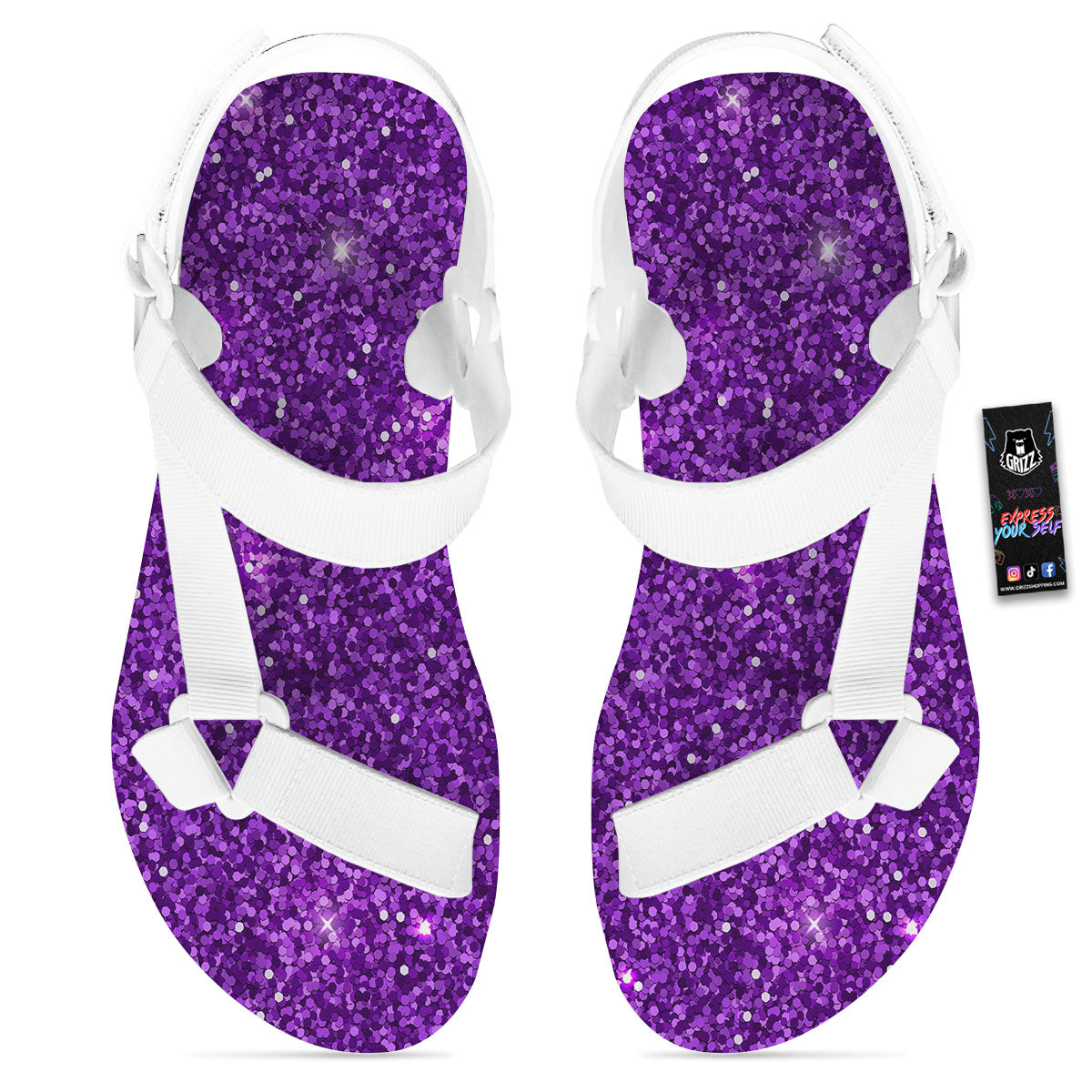 Artwork Glitter Purple Print White Open Toe Sandals-grizzshop