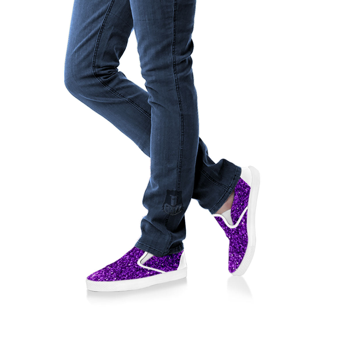 Artwork Glitter Purple Print White Slip On Shoes-grizzshop