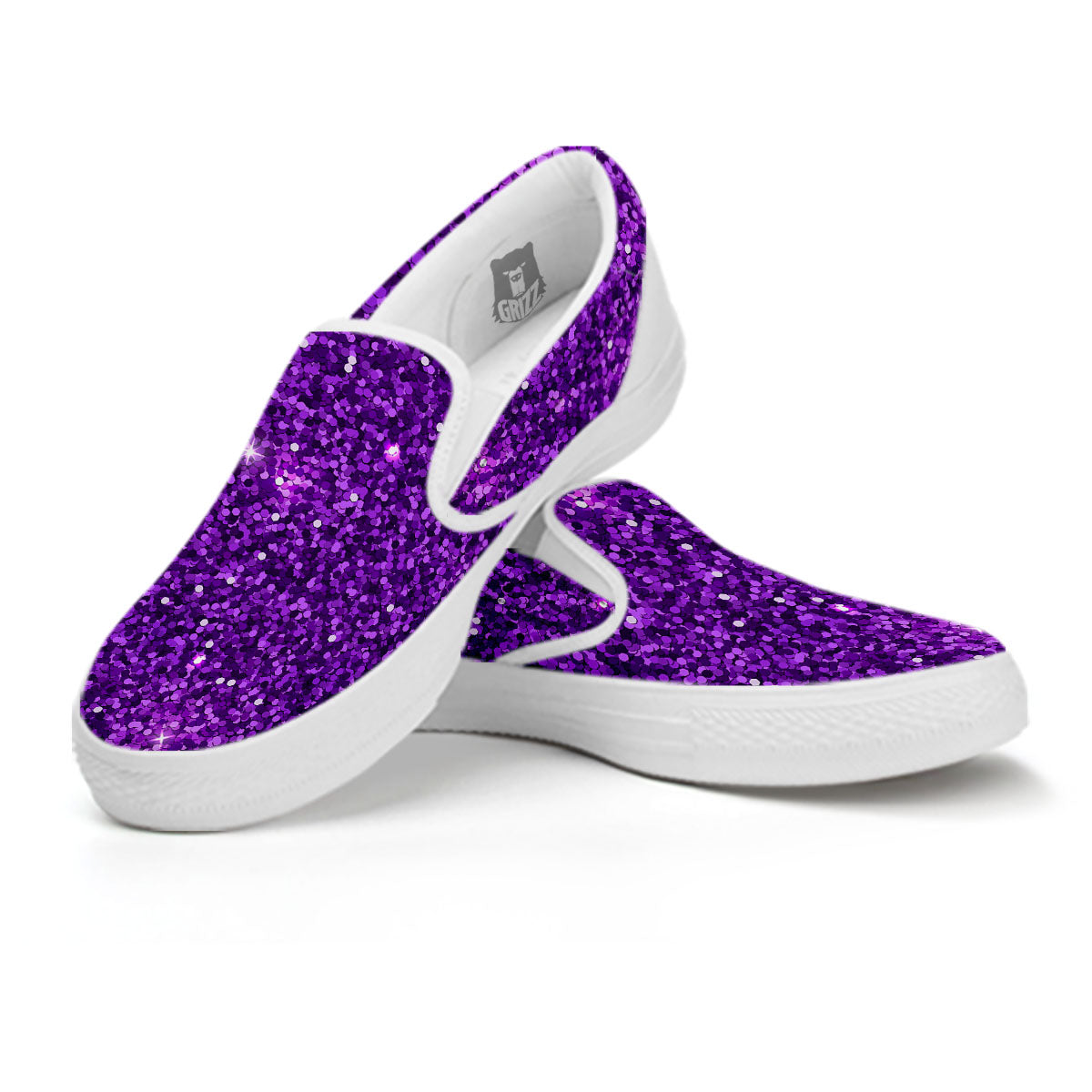 Artwork Glitter Purple Print White Slip On Shoes-grizzshop