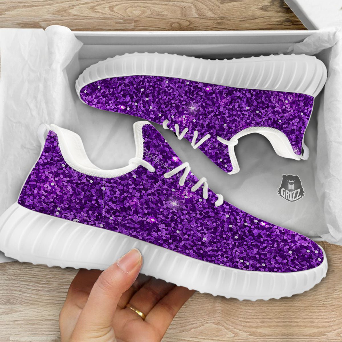 Artwork Glitter Purple Print White Walking Shoes-grizzshop