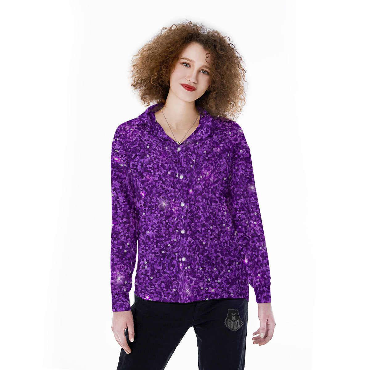 Artwork Glitter Purple Print Women's Long Sleeve Shirts-grizzshop