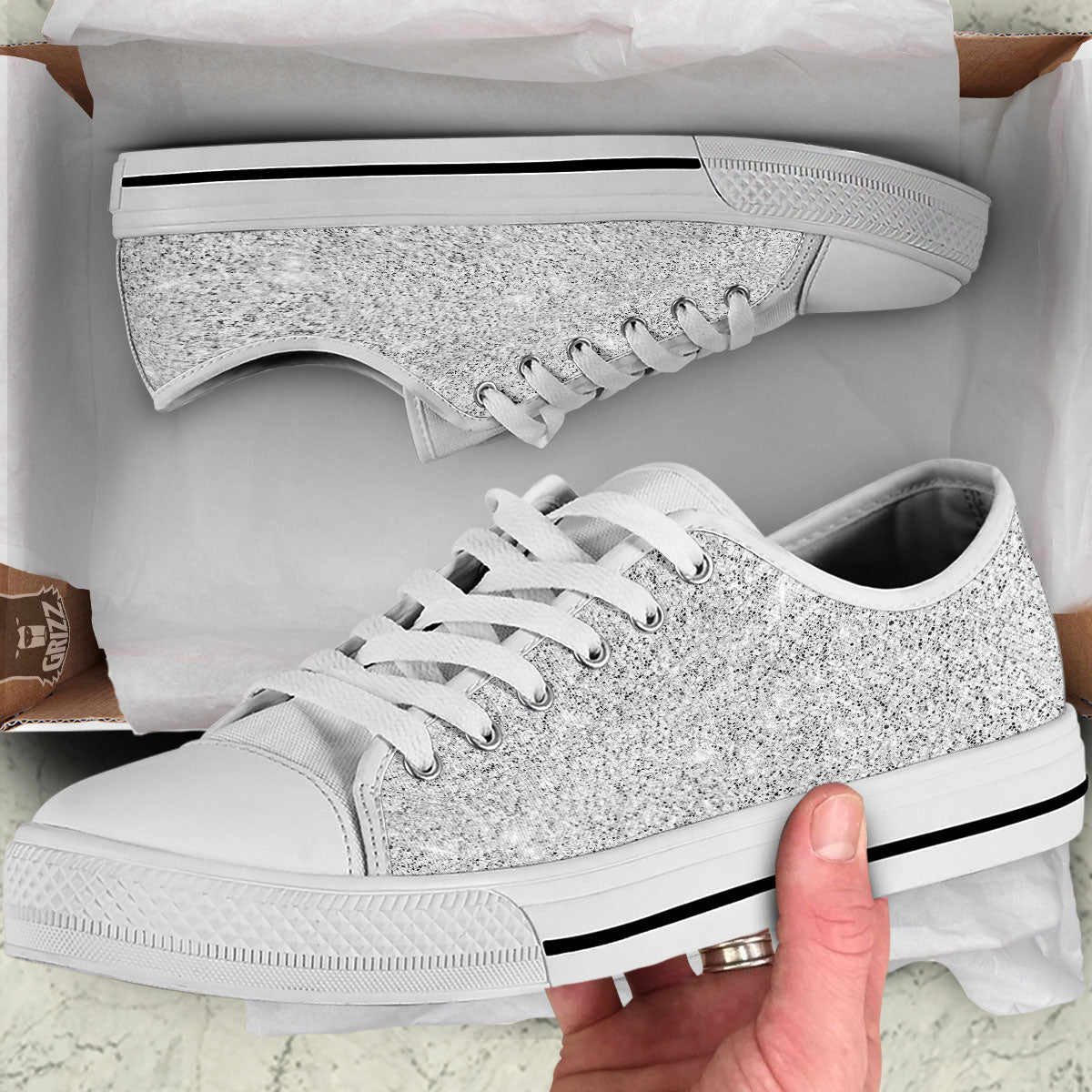 Artwork Glitter Silver Print White Low Top Shoes-grizzshop