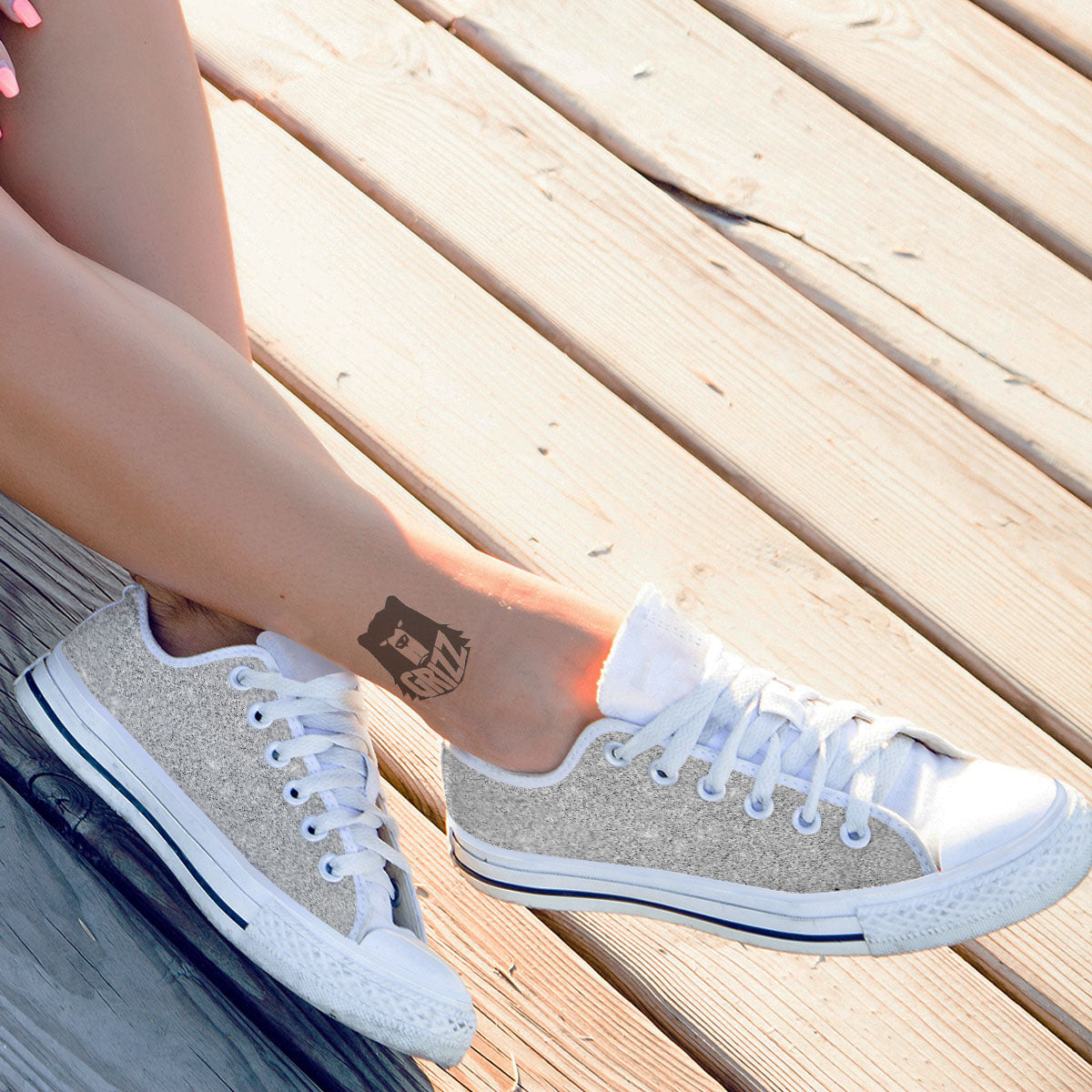Artwork Glitter Silver Print White Low Top Shoes-grizzshop