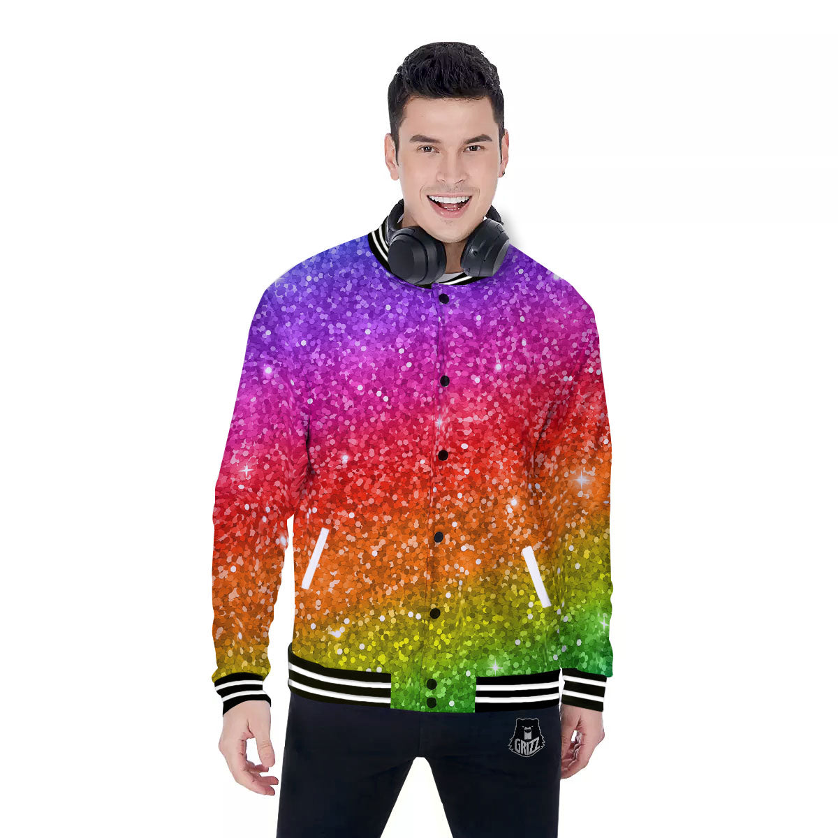 Artwork Rainbow Glitter Print Baseball Jacket-grizzshop