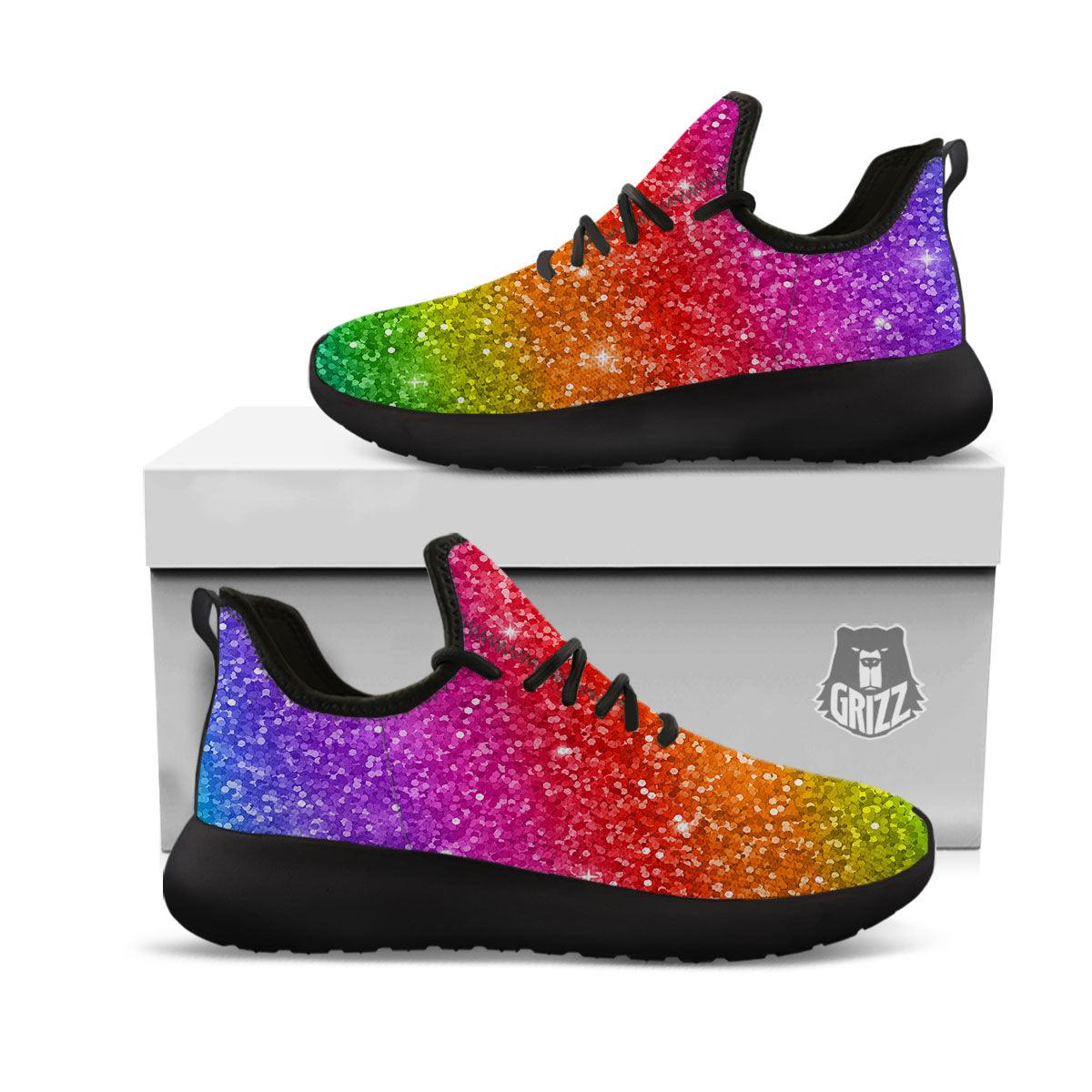 Artwork Rainbow Glitter Print Black Athletic Shoes-grizzshop