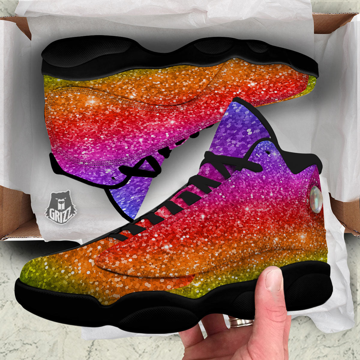Artwork Rainbow Glitter Print Black Basketball Shoes-grizzshop