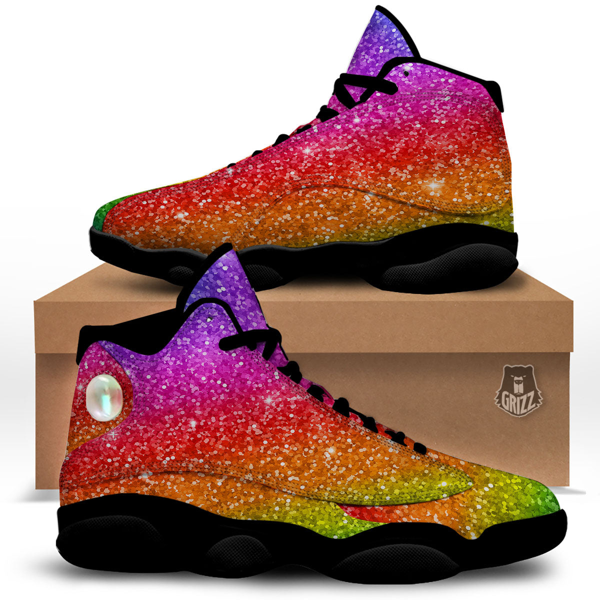 Artwork Rainbow Glitter Print Black Basketball Shoes-grizzshop