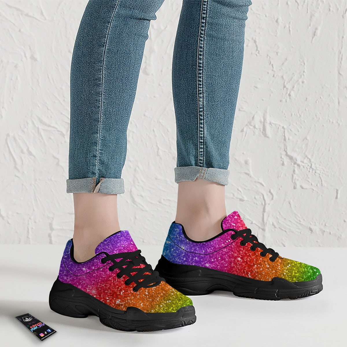 Artwork Rainbow Glitter Print Black Chunky Shoes-grizzshop