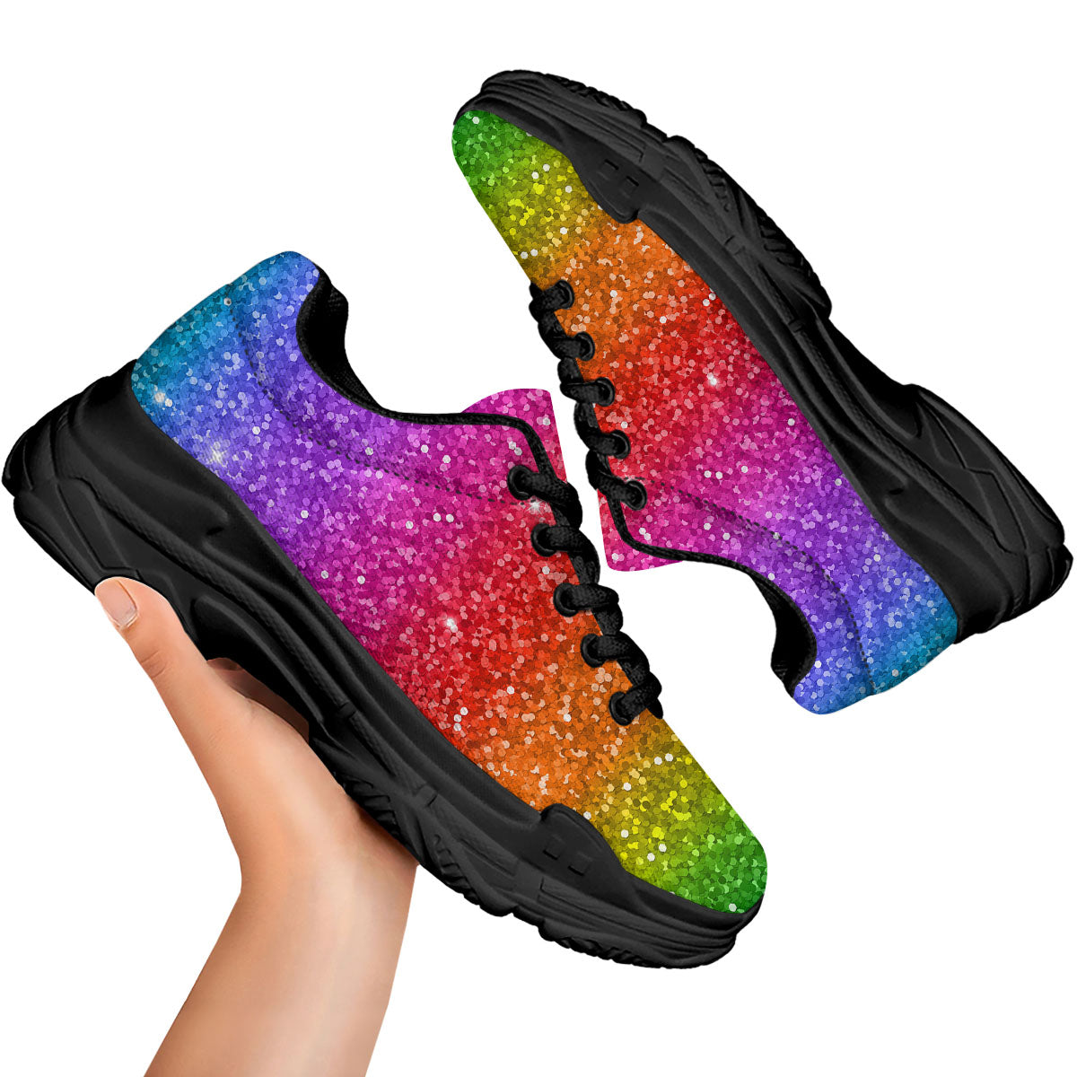 Artwork Rainbow Glitter Print Black Chunky Shoes-grizzshop