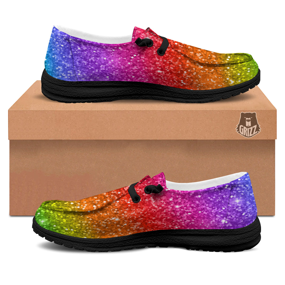 Artwork Rainbow Glitter Print Black Loafers-grizzshop