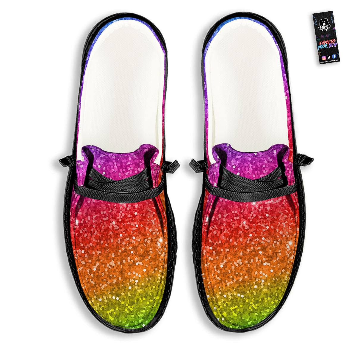 Artwork Rainbow Glitter Print Black Loafers-grizzshop