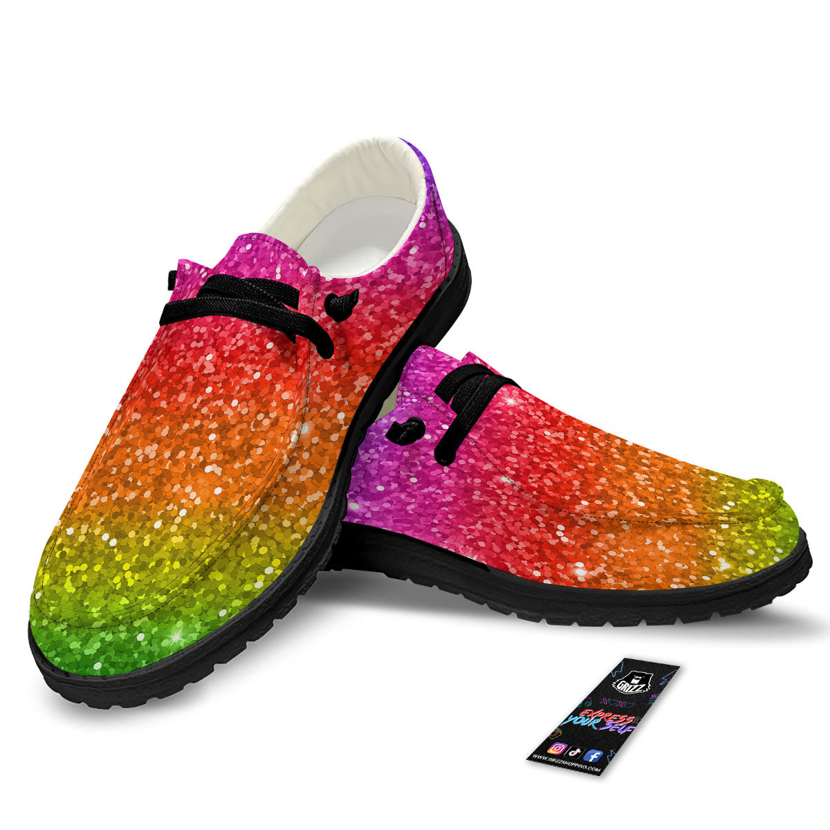 Artwork Rainbow Glitter Print Black Loafers-grizzshop