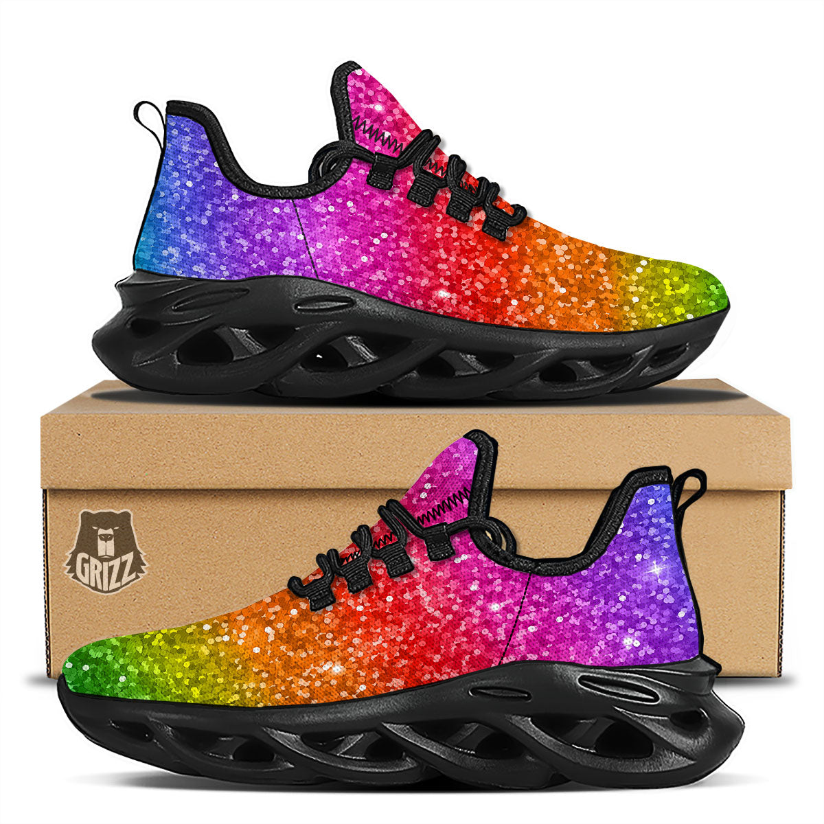 Artwork Rainbow Glitter Print Black Running Shoes-grizzshop