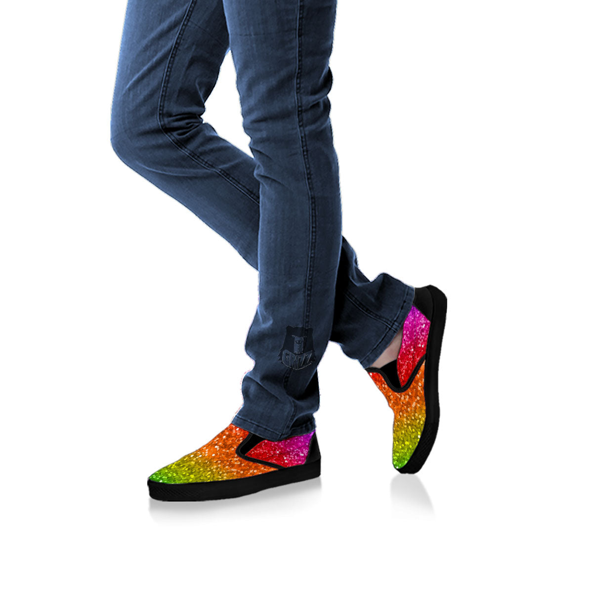 Artwork Rainbow Glitter Print Black Slip On Shoes-grizzshop